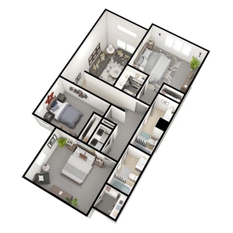 A floor plan of a house with a kitchen, living room, and two bedrooms.